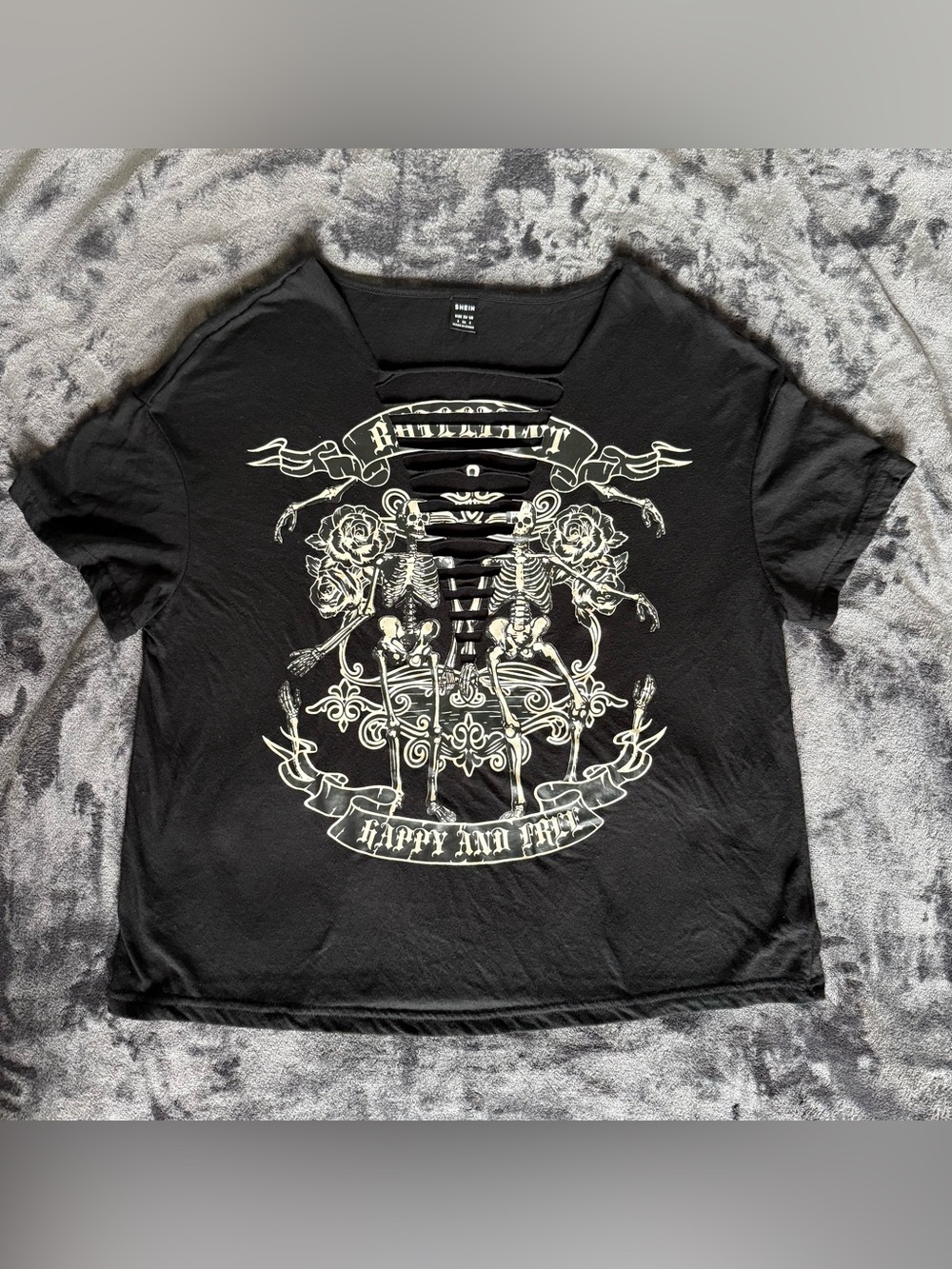 Black Graphic Cutout Short Sleeve Tee with Skeleton Rose Design